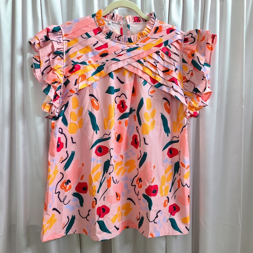 Floral Ruffle Sleeve Blouse - Pink